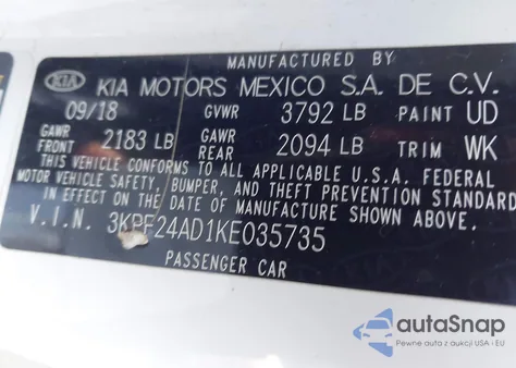 2019 Kia Forte Lxs z USA, uszkodzony, nr VIN 3KPF24AD1KE035735